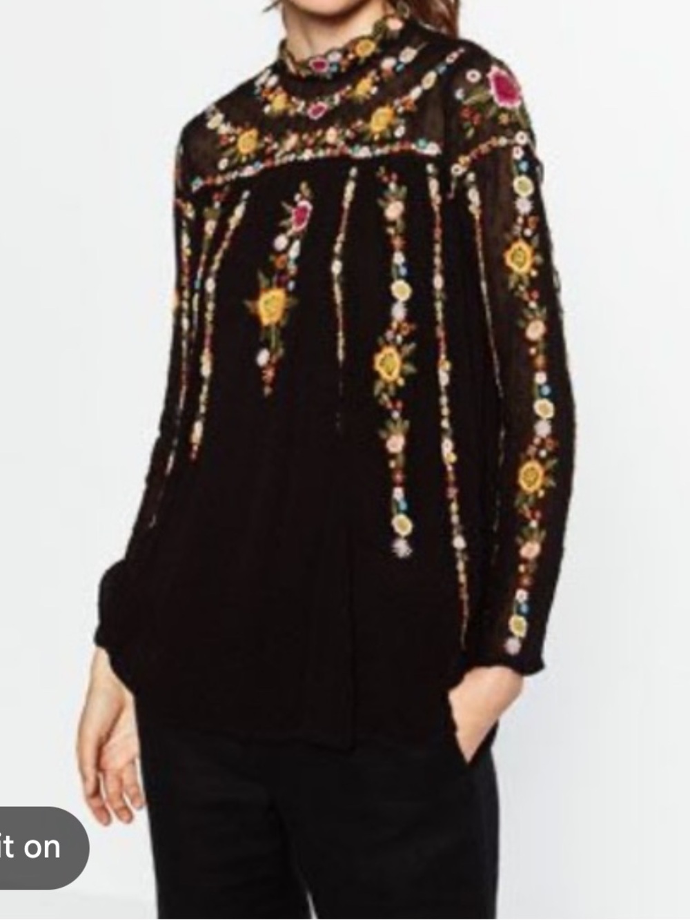 Zara Black Floral Embroidered Long Sleeve Blouse Large